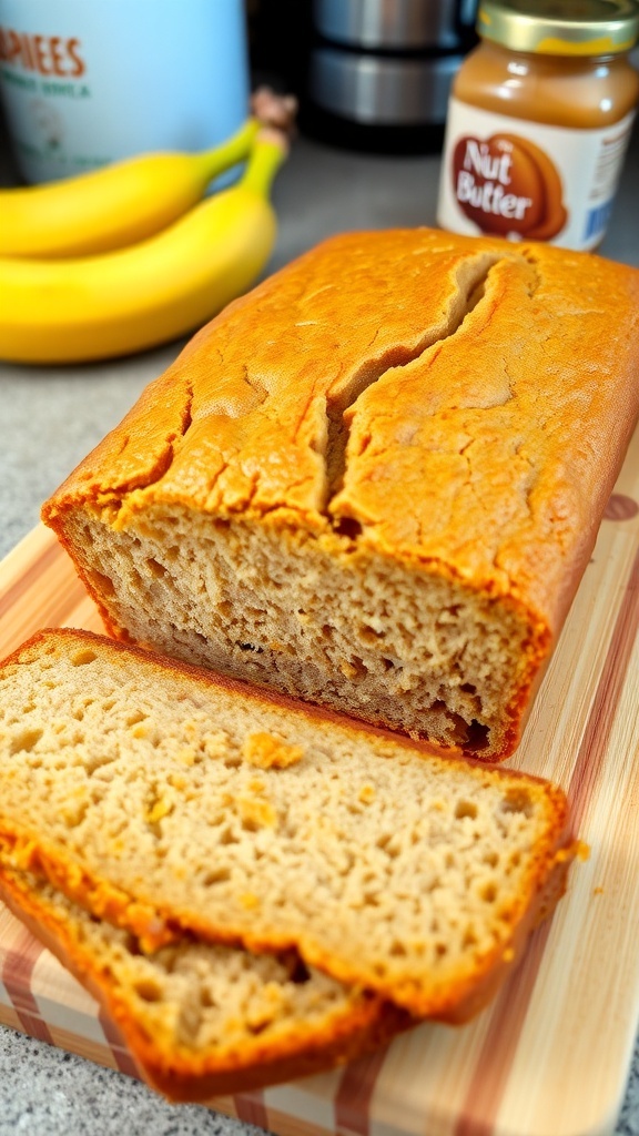 Simple 5-Ingredient Flourless Banana Bread Sliced flourless banana bread on a cutting board with bananas and nut butter in the background.